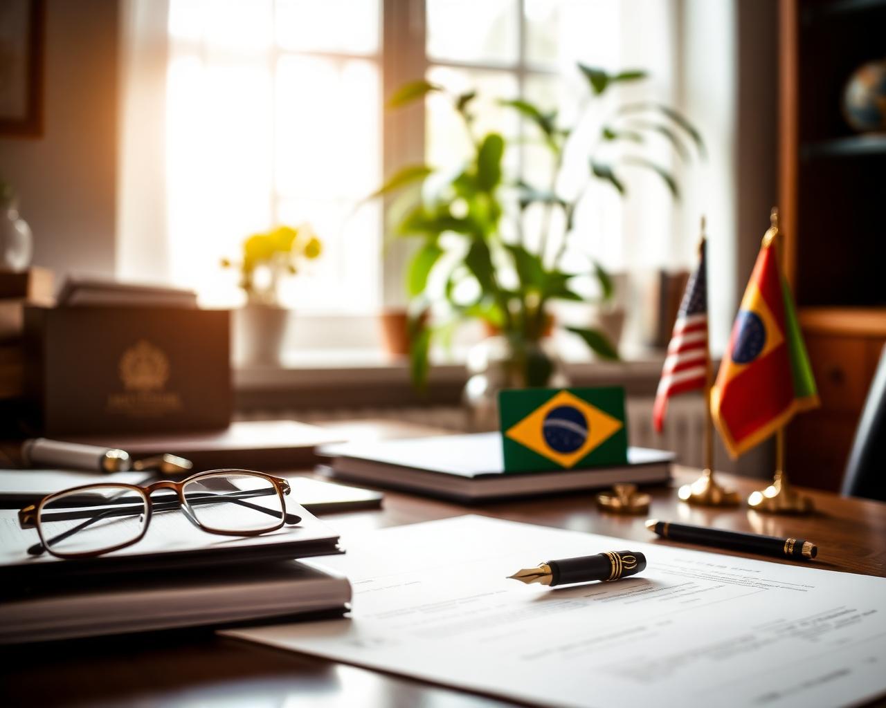 Notary office desk with documents, glasses, fountain pen, and small U.S. and Brazilian flags by a sunlit window